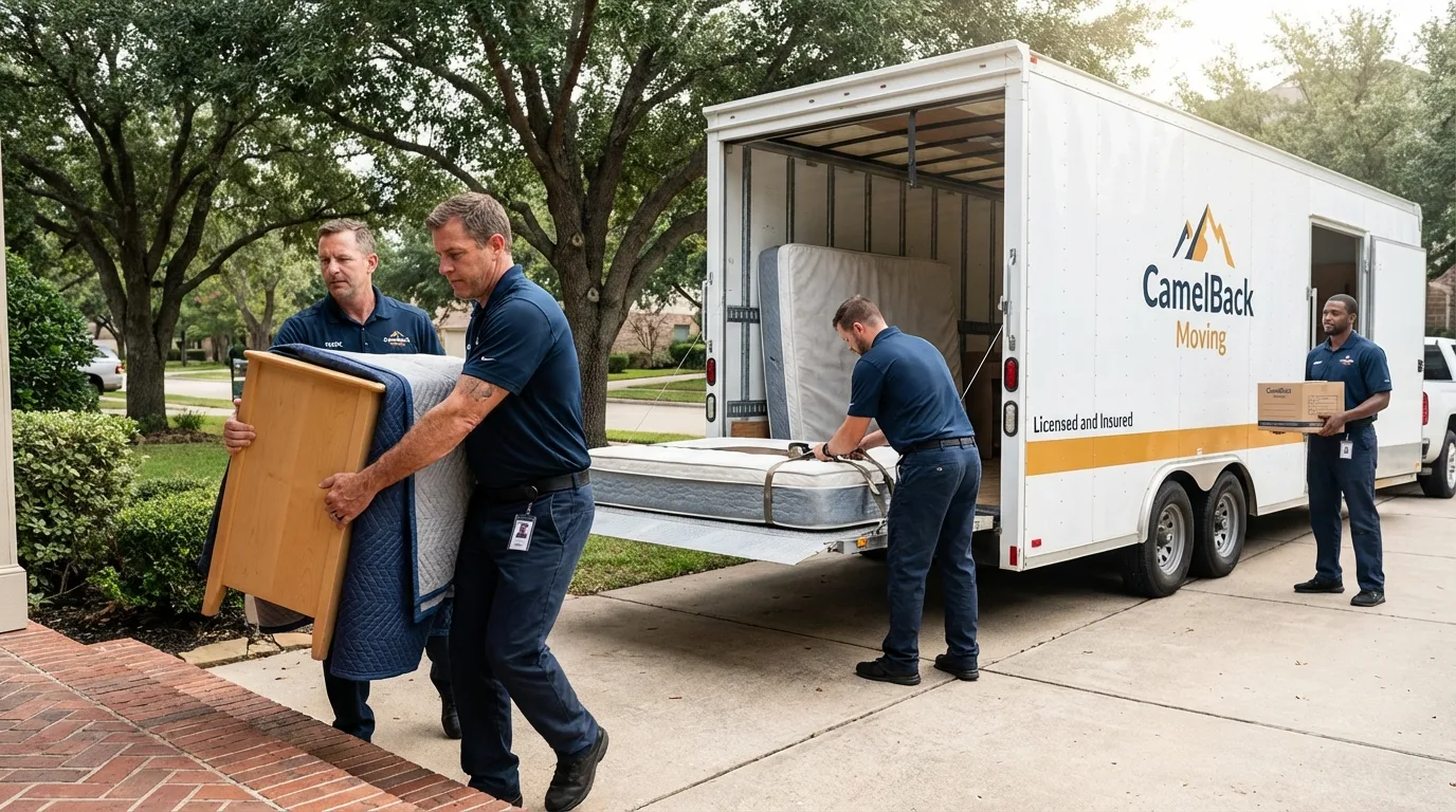 Crew loading residential truck for cross-state move from Nokomis, IL