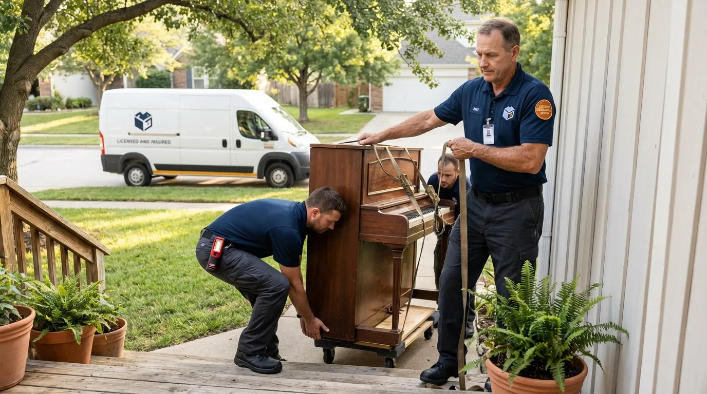 Licensed piano movers securing grand piano in Nokomis, IL