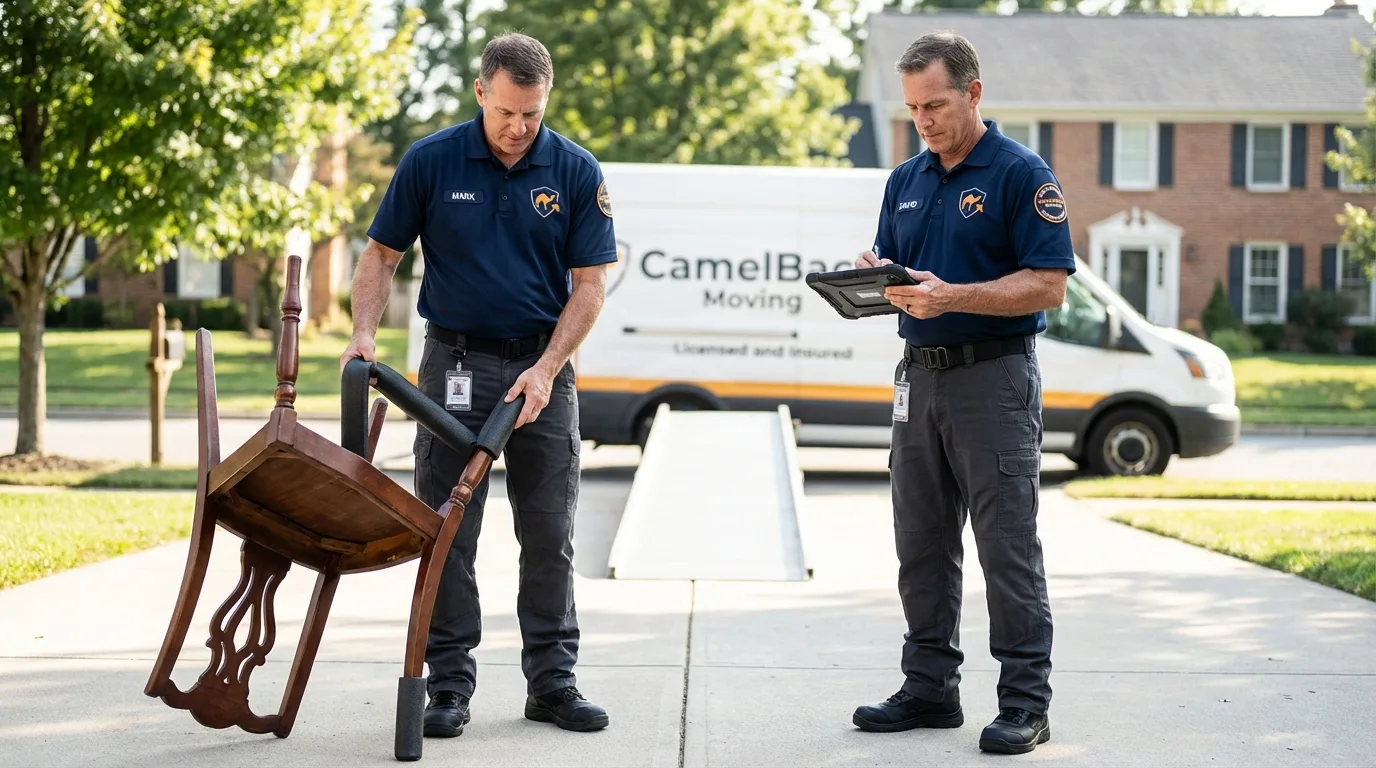 Movers inspecting furniture for damage prevention before loading in Nokomis, IL