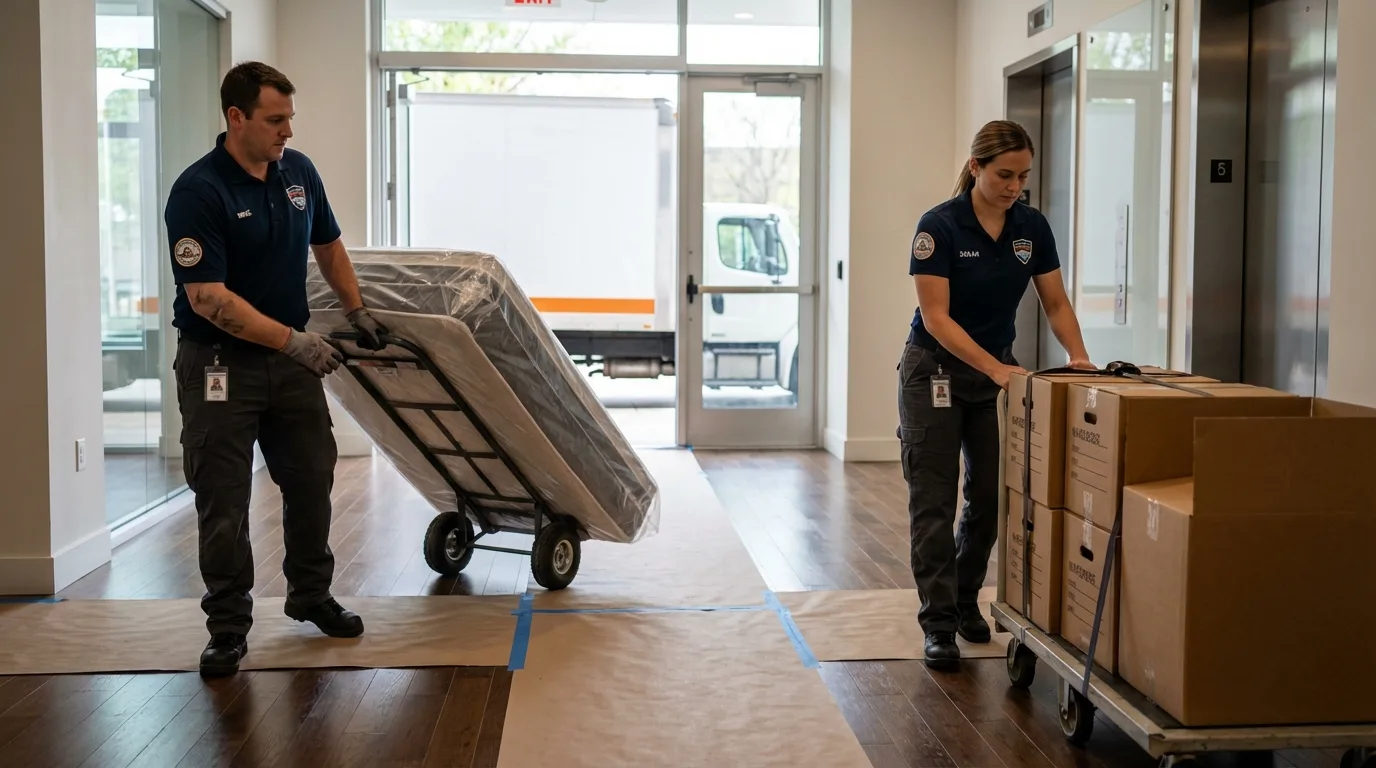 Professional apartment movers loading elevator in Nokomis, IL