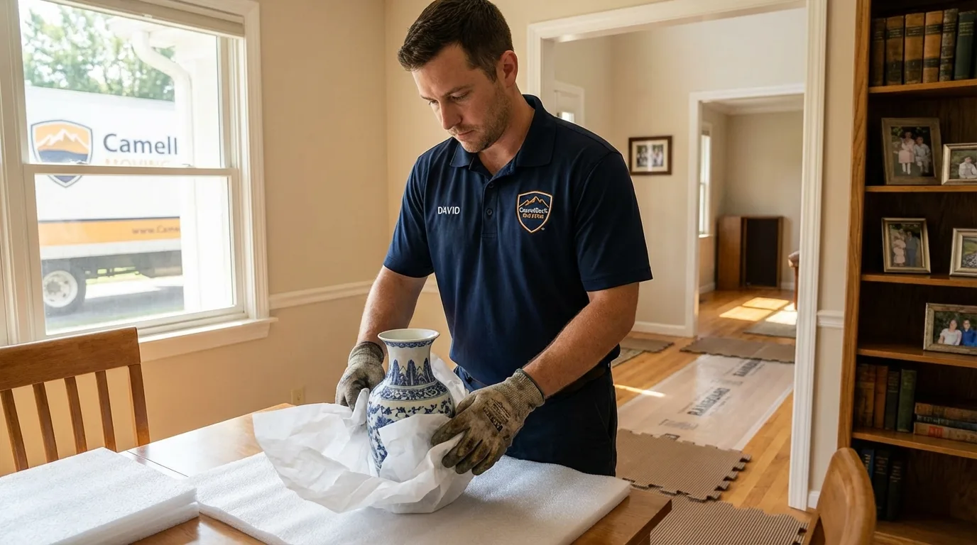 Professional crew carefully wrapping antique vase for senior downsizing move in Nokomis, IL
