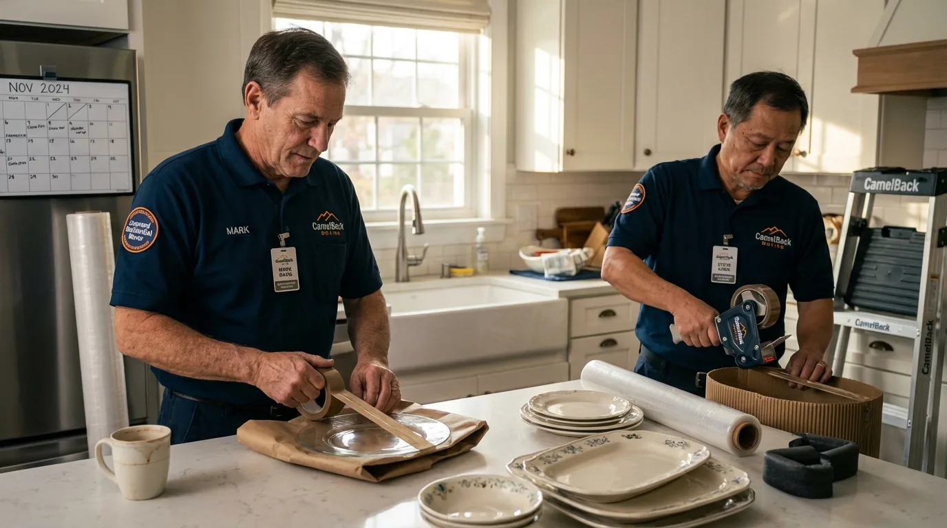 Professional crew packing kitchen dishware in Nokomis, IL